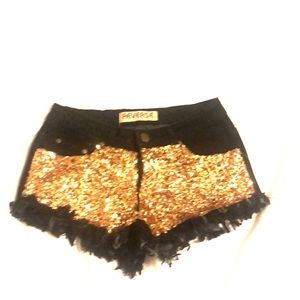 Black jean cut off short w gold sequin front panel